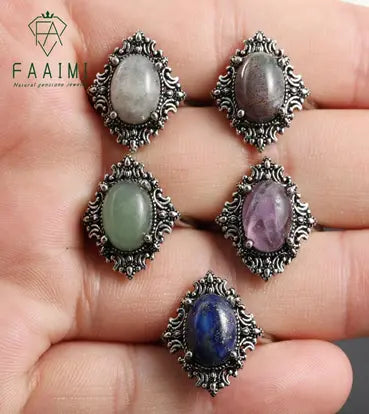 Handmade Natural Stone Gemstone Rings with Copper & Silver, Stone Size 8*10mm, No. 62 ABC Rugs Kilims